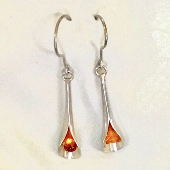 VINTAGE Amber Sterling Silver Drop Dangle Earrings - Picture 6 of 6
